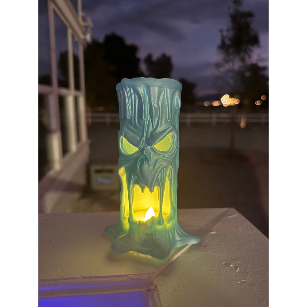3D Printed Spooky Melting Candle Skull Lantern Light Blue Halloween Decor 6.5in